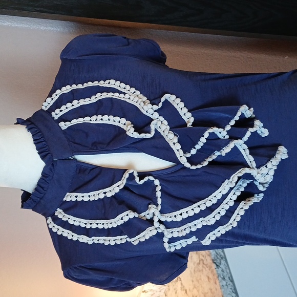 Navy Blue Ruffled Cut Out Blouse with Mandarin Collar size M - Picture 2 of 8